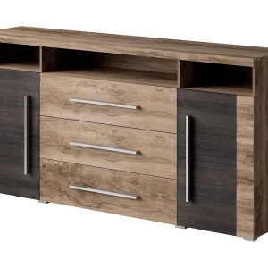 Buffet BRAZZA 2 deuren 3 laden – Kleur satijn notelaar – Open nissen – 182 cm