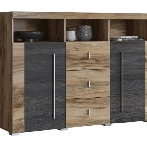 Buffet BRAZZA 4 deuren – Grote opbergruimte in satijn notenhout – Decoratieve nissen – 182 cm