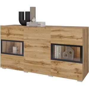 Buffet RAMOS 130 cm – Gouden eiken en zwart – 2 glazen deuren en 3 laden – Zonder LED Buffet RAMOS 130 cm – Gouden eiken en zwart – 2 glazen deuren en 3 laden – Zonder LED