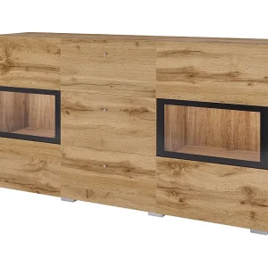 Buffet RAMOS 130 cm – Gouden eiken en zwart – Ingebouwde multikleur LED – 2 glazen deuren en 3 laden Buffet RAMOS 130 cm – Gouden eiken en zwart – Ingebouwde multikleur LED – 2 glazen deuren en 3 laden