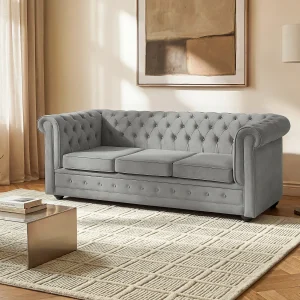 Driezitsbank convertibaa in lichtgrijs fluweel grijze CHESTERFIELD Driezitsbank convertibaa in lichtgrijs fluweel grijze CHESTERFIELD
