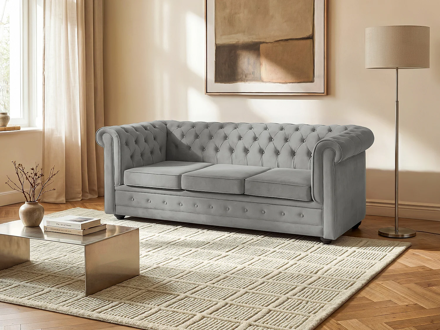 Driezitsbank convertibaa in lichtgrijs fluweel grijze CHESTERFIELD