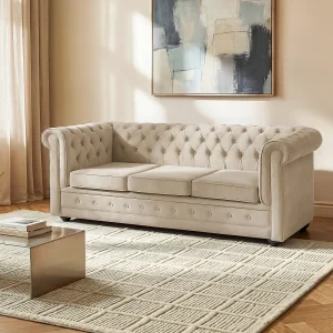3-zits slaapbank in beige fluweel CHESTERFIELD 3-zits slaapbank in beige fluweel CHESTERFIELD