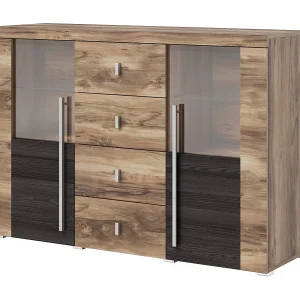 Buffet BRAZZA 2 deuren 4 laden – Afwerking in satijn notenhout – Open en glazen nissen – 132 cm
