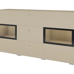 Buffet RAMOS 130 cm – Lichtbeige – Geïntegreerde multicolor LED – 2 glazen deuren en 3 laden Buffet RAMOS 130 cm – Lichtbeige – Geïntegreerde multicolor LED – 2 glazen deuren en 3 laden