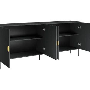 Buffet 4 deuren MONDO – Mat zwart, metalen poten en gouden handgrepen – Modern ontwerp