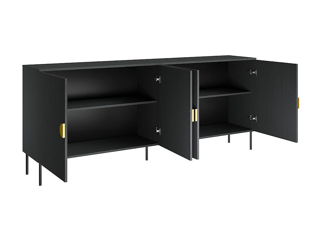Buffet 4 deuren MONDO – Mat zwart, metalen poten en gouden handgrepen – Modern ontwerp
