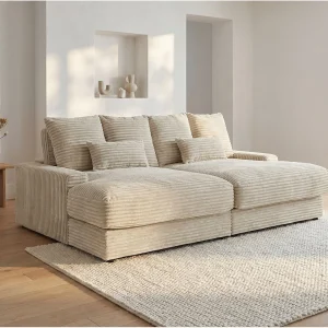 Zitbank 3 plaatsen met diepe zitting in beige, breed geribbeld fluweel CALAZO Zitbank 3 plaatsen met diepe zitting in beige, breed geribbeld fluweel CALAZO