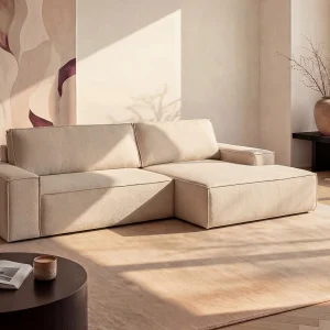 Hoekslaapbank met hoek rechts van beige stof met textuur AMELIA