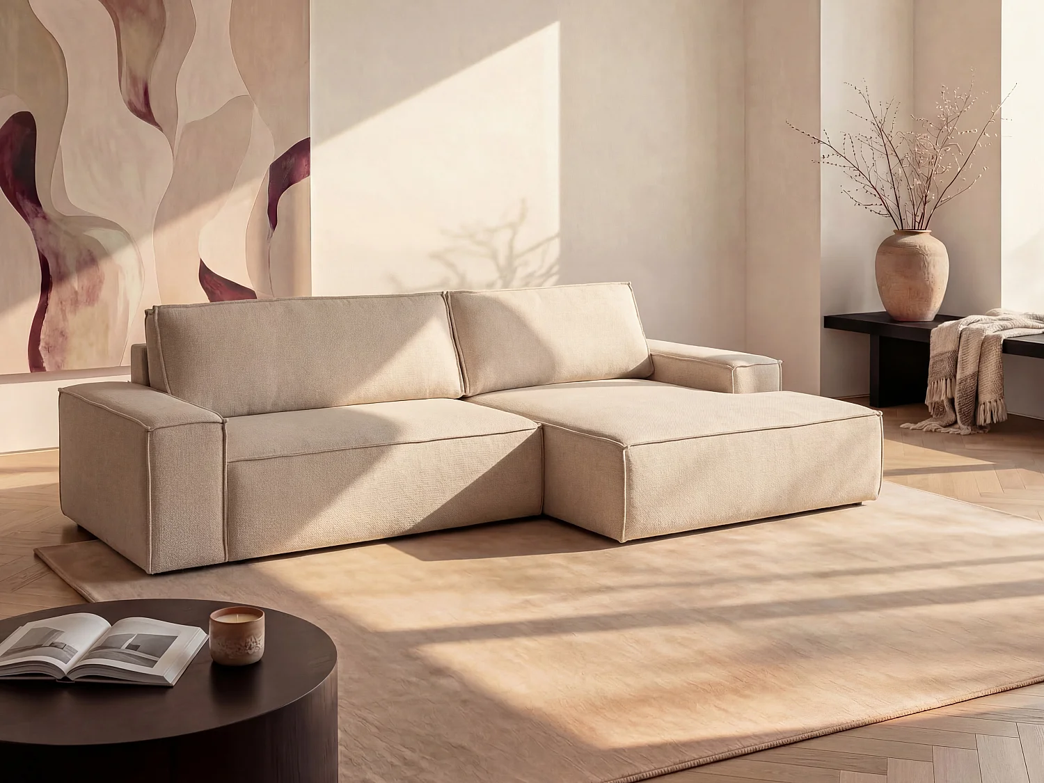 Hoekslaapbank met hoek rechts van beige stof met textuur AMELIA