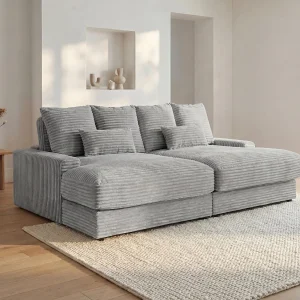 Comfortabele driezitsbank met diepe zitting van grijs ribfluweel met brede ribbels CALAZO Comfortabele driezitsbank met diepe zitting van grijs ribfluweel met brede ribbels CALAZO