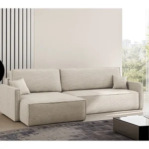 Carlos slaapbank, L-vormige hoekbank met slaapfunctie en bedstee, stof Poso Beige Links