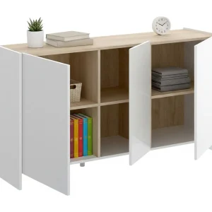 Dmora Dressoir Calino 42x138x76h cm Wit, 3 Planken, 6 Vakken, Klapdeur Dmora Dressoir Calino 42x138x76h cm Wit, 3 Planken, 6 Vakken, Klapdeur