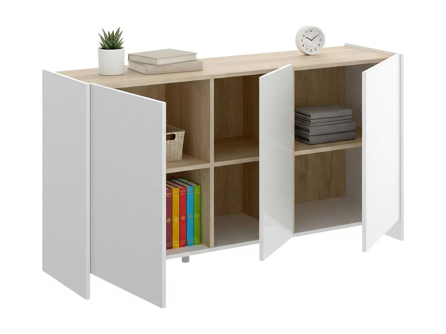 Dmora Dressoir Calino 42x138x76h cm Wit, 3 Planken, 6 Vakken, Klapdeur