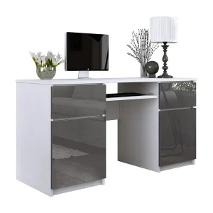 Bureau: 2 lades, mat wit / glanzend grijs, 135 x 77 x 50 cm
