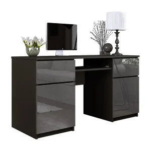 Bureau: 2 lades, matzwart/glanzend grijs, 135 x 77 x 50 cm