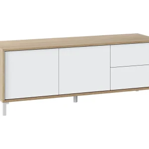 Dmora Tv-meubel Cary 41x130x47h cm Wit, 1 Plank, 2 Laden, Push-Pull Opening Dmora Tv-meubel Cary 41x130x47h cm Wit, 1 Plank, 2 Laden, Push-Pull Opening