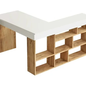BureauDfavasul, Multifunctioneel bureau, pc-houder bureautafel, werkblad, 129x120h72 cm, eiken en wit