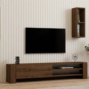 Moderne Bruin Houten TV-standaard "Naz" met Wandplank – 160 x 26 x 33 cm Moderne Bruin Houten TV-standaard "Naz" met Wandplank – 160 x 26 x 33 cm