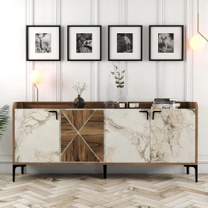 Moderne Houten Buffetkast "Venedik" – Wit Marmeren Afwerking – 180 x 35 x 78 cm Moderne Houten Buffetkast "Venedik" – Wit Marmeren Afwerking – 180 x 35 x 78 cm