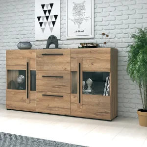 Buffet 180cm collectie BREDA met twee deels glazen deuren en drie laden. Kleur Eiken Buffet 180cm collectie BREDA met twee deels glazen deuren en drie laden. Kleur Eiken