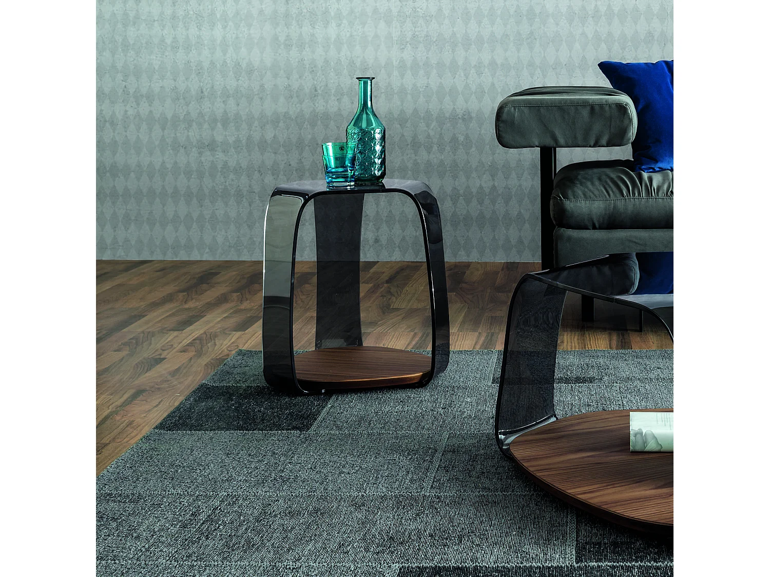 Chakra salontafel - gerookt glas, Canaletto walnoot