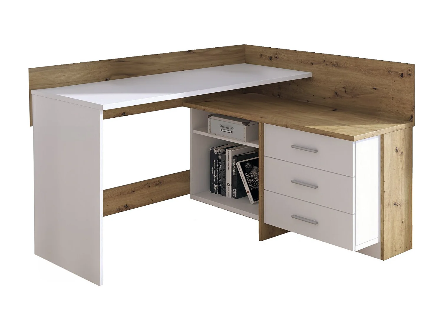 Bureau Dabdelhami, BureauMultifunctioneel, pc-houder bureautafel, werkblad, 130x112h82 cm, witte en eiken knopen