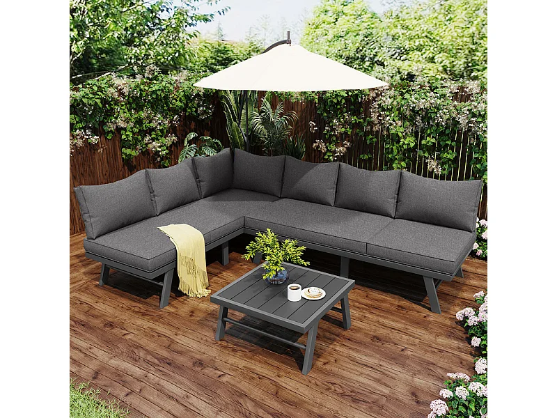 Buiten tuinmeubelen set 6 personen - met salontafel en 8 cm dikke kussens - Grijs