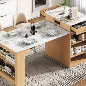 Centraal kookeiland – met stopcontact – met demonteerbare en uitschuifbare eettafel – houtnerven en marmer textuur – natuur + wit Centraal kookeiland – met stopcontact – met demonteerbare en uitschuifbare eettafel – houtnerven en marmer textuur – natuur + wit