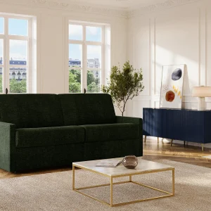 Vierzitsslaapbank in dennengroene stof – Slaapoppervlak 160 cm – Matras 14 cm CALIFE Vierzitsslaapbank in dennengroene stof – Slaapoppervlak 160 cm – Matras 14 cm CALIFE