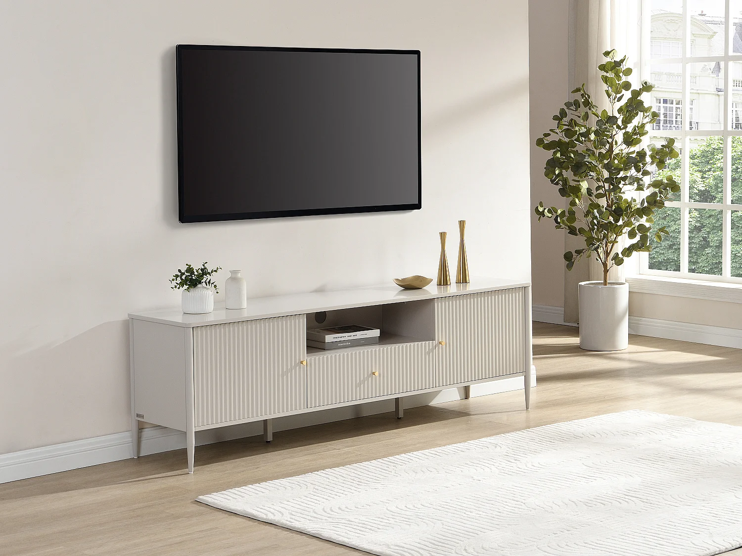 TV-meubel met 2 deuren, 1 lade en 1 nis in MDF - Beige en goud - CALITARO