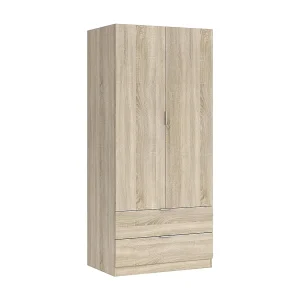 Dmora Kledingkast 2 Deuren Burbank 52x180h cm Bruin Eiken Kapstok 2 Laden, Slaapkamerkast Draaideuren