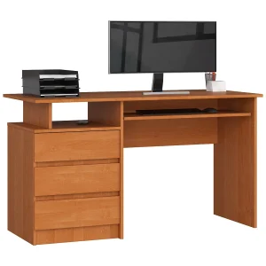 Bureau Olijfhout 135cm – Stijlvol en Functioneel, 3 Lades, 2 Planken, ABS-randen, Matte Afwerking, Eenvoudige Montage Bureau Olijfhout 135cm – Stijlvol en Functioneel, 3 Lades, 2 Planken, ABS-randen, Matte Afwerking, Eenvoudige Montage