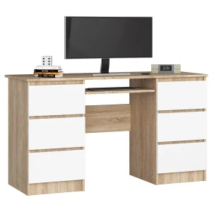 Bureau A-11 met 6 Laden, Sonoma Eiken/Wit, 135x77x50 cm, Laminaatplaat, ABS Rand, Matte Afwerking, Uitschuifbaar Toetsenbordpaneel, Zelfmontage, Modern Design Bureau A-11 met 6 Laden, Sonoma Eiken/Wit, 135x77x50 cm, Laminaatplaat, ABS Rand, Matte Afwerking, Uitschuifbaar Toetsenbordpaneel, Zelfmontage, Modern Design