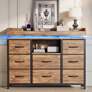 Bruine kast met 8 lades, RGB LED, oplaadpunt, duurzaam kationisch stof – 108x30x82 cm