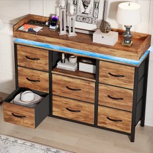 Bruine Ladekast met 8 Lades, RGB LED en USB-aansluiting – 108x30x82 cm, Duurzame Stoffen Lades, Hedendaagse Stijl