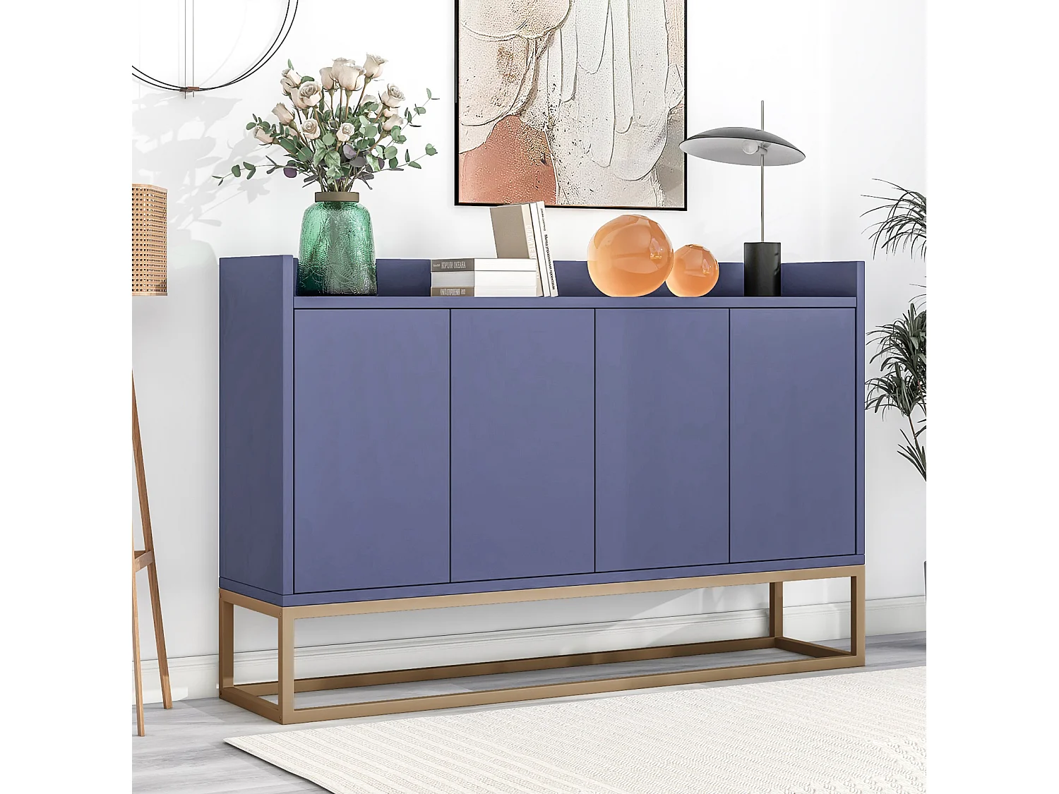 Buffet 4 Deuren Mat Blauw van MDF en Metaal, 120x30x80 cm, Verstelbare Planken en Klassiek Design