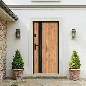Stalen voordeur vol inox H207 x B100 cm – gerookt – eiken en zwart effect – BRAGA Stalen voordeur vol inox H207 x B100 cm – gerookt – eiken en zwart effect – BRAGA