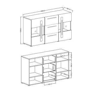 Buffet BREDA 180 cm – design meubel in eikenhout met LED, deels glazen deuren en 3 laden