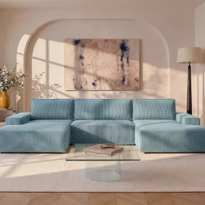 XXL hoekslaapbank van turquoise ribfluweel AMELIA XXL hoekslaapbank van turquoise ribfluweel AMELIA