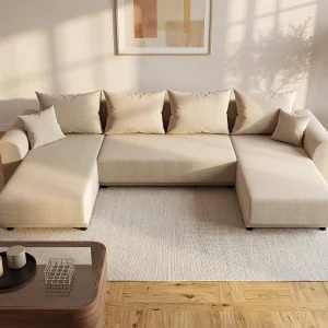 Brede hoekslaapbank van beige stof NESSARO Brede hoekslaapbank van beige stof NESSARO