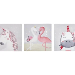 Canvasprint set van 3 dierenmotief grijs en roze TIMIA