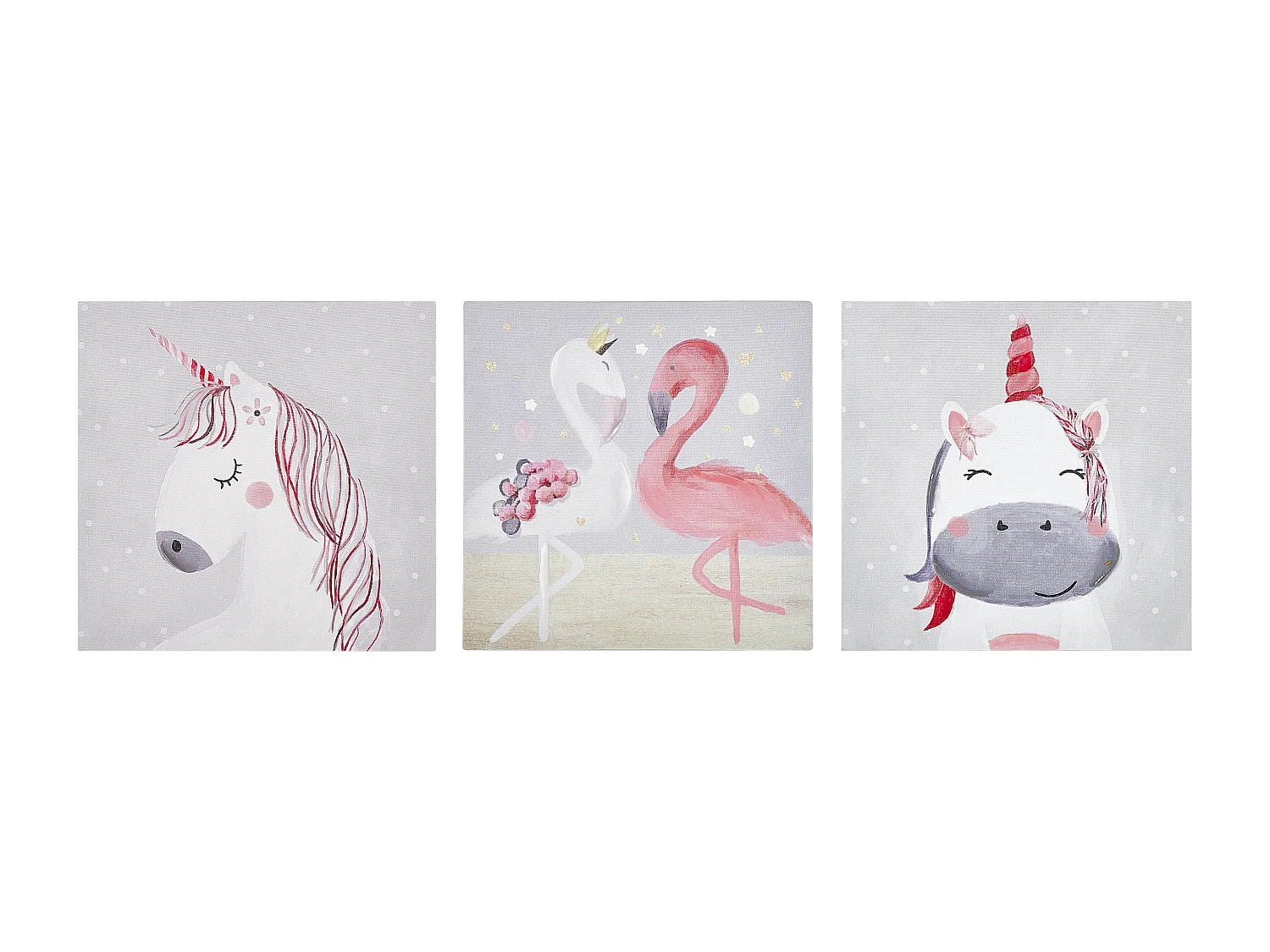 Canvasprint set van 3 dierenmotief grijs en roze TIMIA