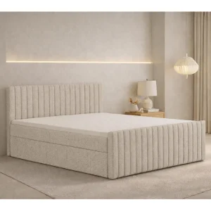 Boxspringbed met matras en opbergbox, chenillestof Flow, Donkerbeige, 180×200 cm, H2-Pocket, DEMETER