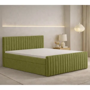 Boxspringbed met matras en opbergbox, chenillestof Flow, Olijf, 140×200 cm, H2-Pocket, DEMETER