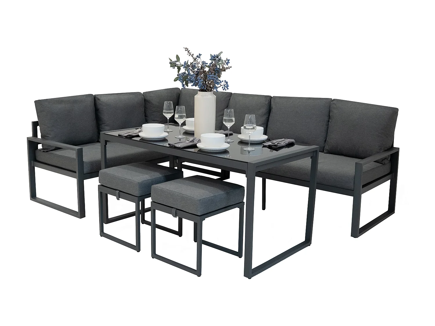 Aluminium Tuinmeubels | L-Vormig Hoekbank Eettafel Krukken Grijs Rotan Vervanger