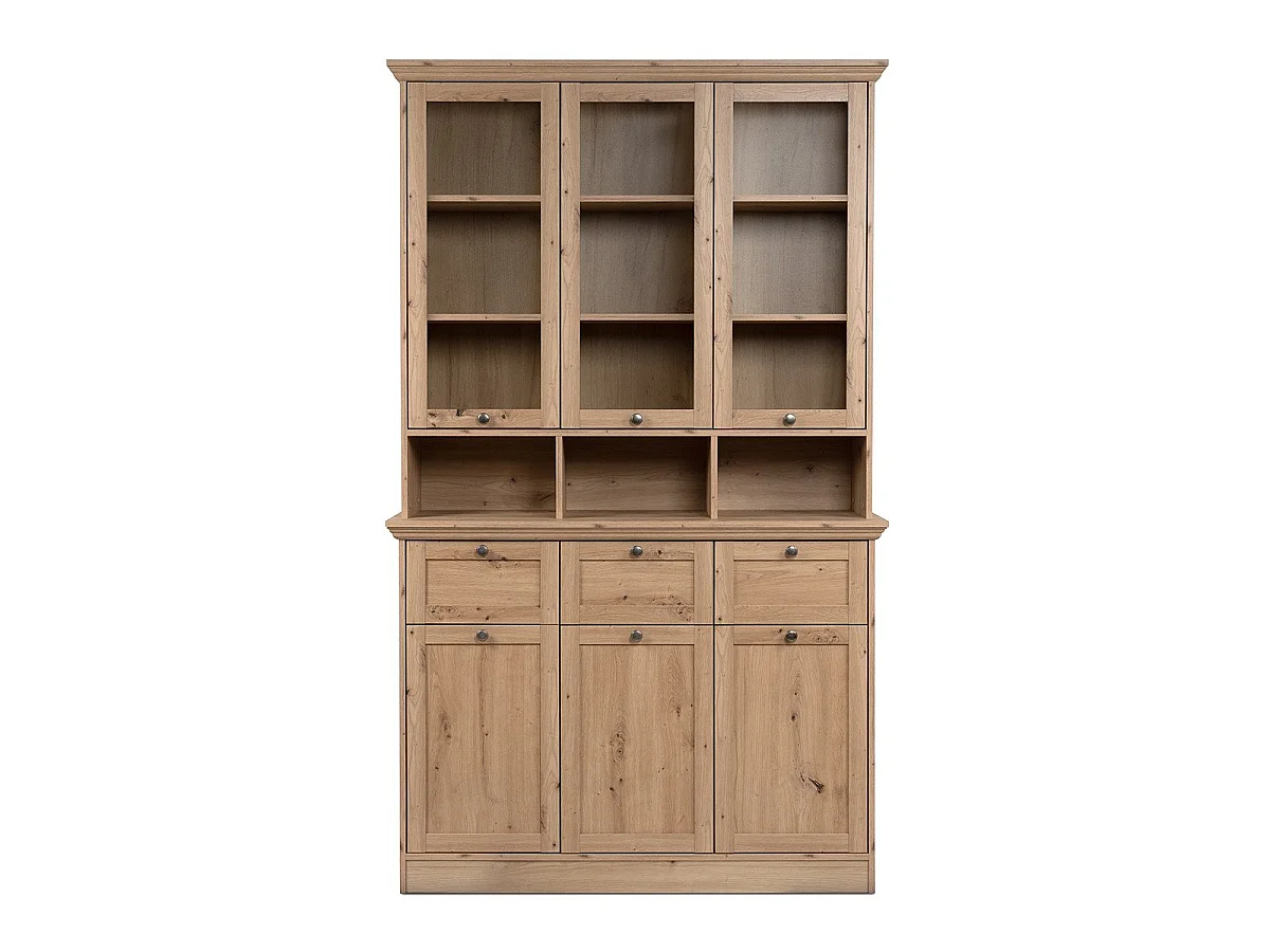 Buffet vitrine 6 portes dont 3 vitrées, 3 tiroirs et 3 niches L120 cm - TIMBER