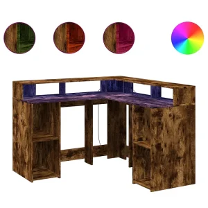 Bureau met LED-verlichting 130x130x91 cm hout gerookt eiken Bureau met LED-verlichting 130x130x91 cm hout gerookt eiken