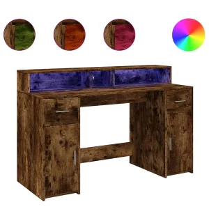 Bureau met LED-verlichting 140x55x91 cm hout gerookt eikenkleur Bureau met LED-verlichting 140x55x91 cm hout gerookt eikenkleur