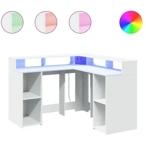 Bureau met LED-verlichting 130x130x91 cm bewerkt hout wit Bureau met LED-verlichting 130x130x91 cm bewerkt hout wit